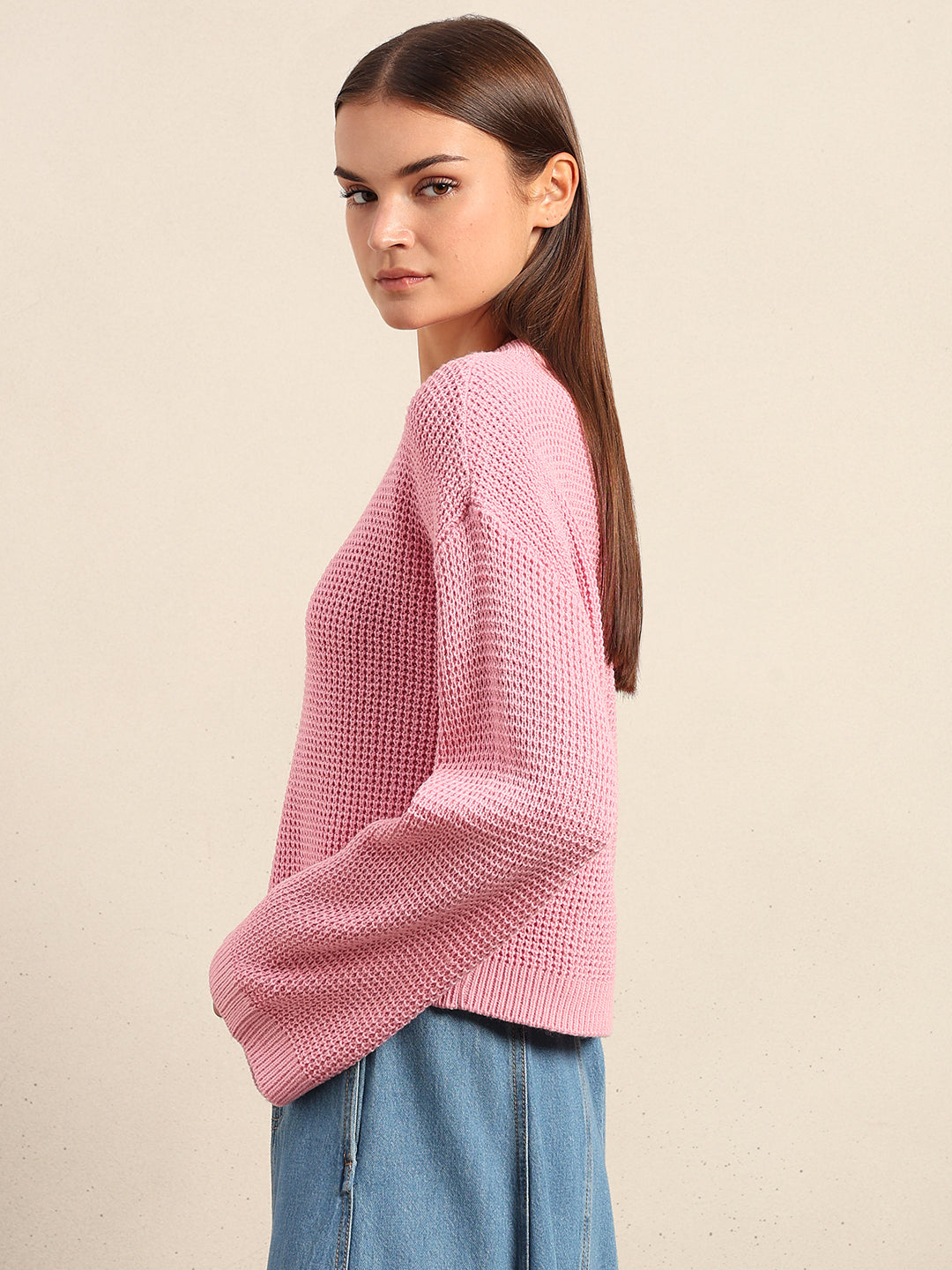 O-Neck Waffle Knit Sweater