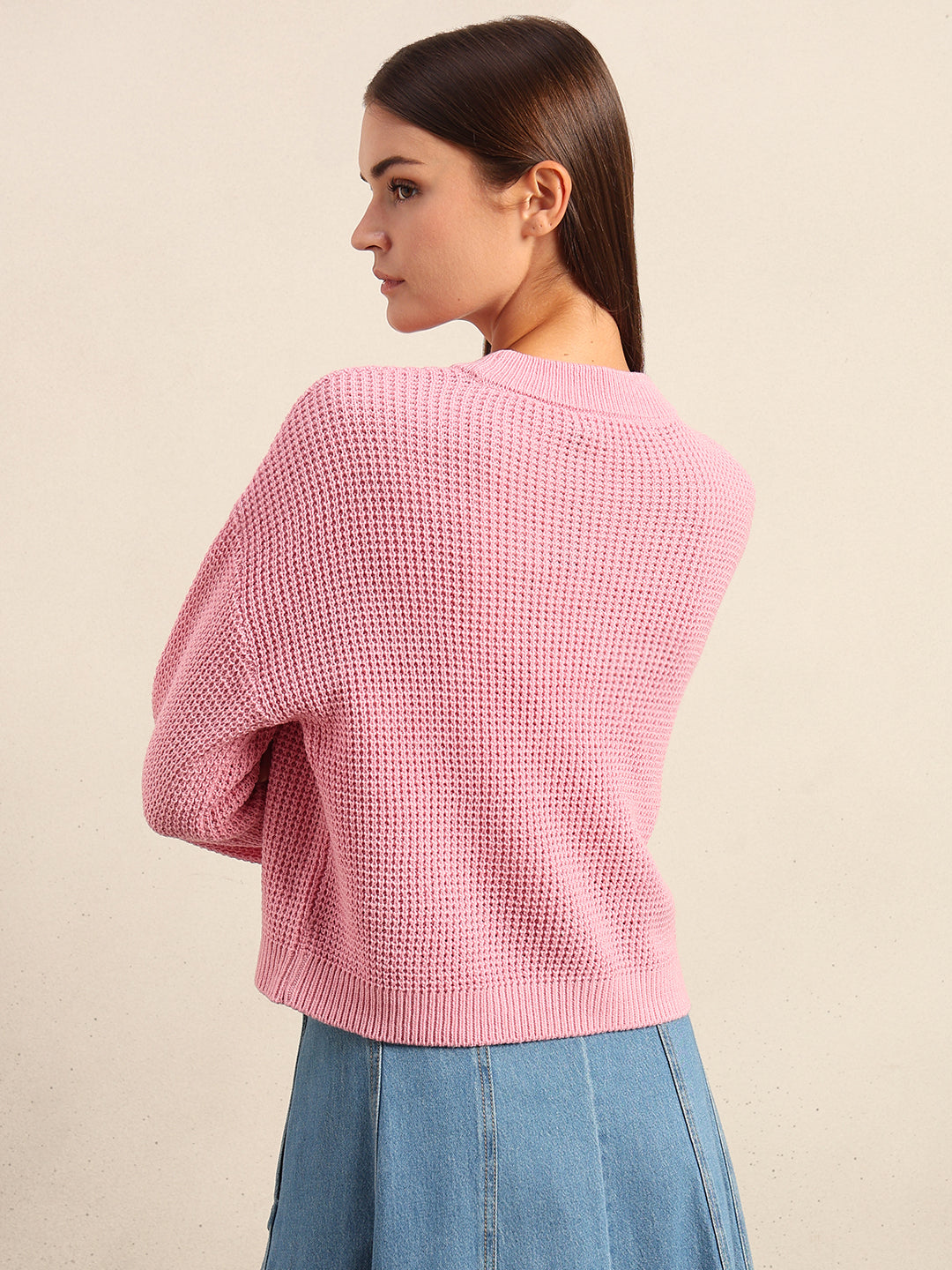 O-Neck Waffle Knit Sweater