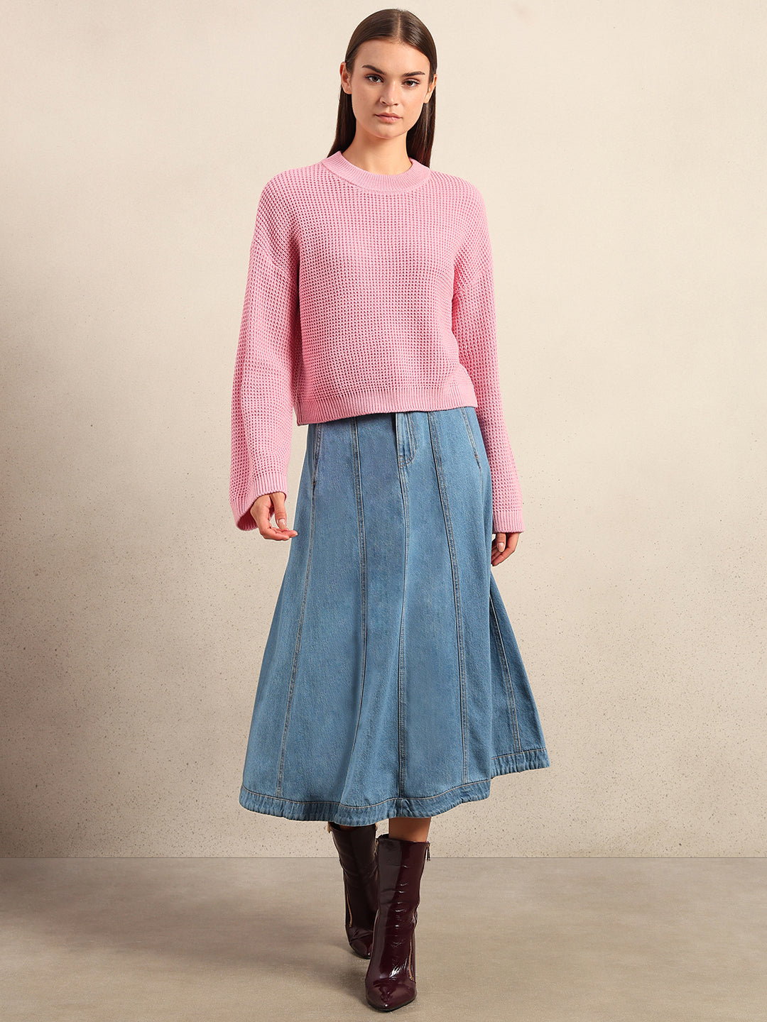 O-Neck Waffle Knit Sweater