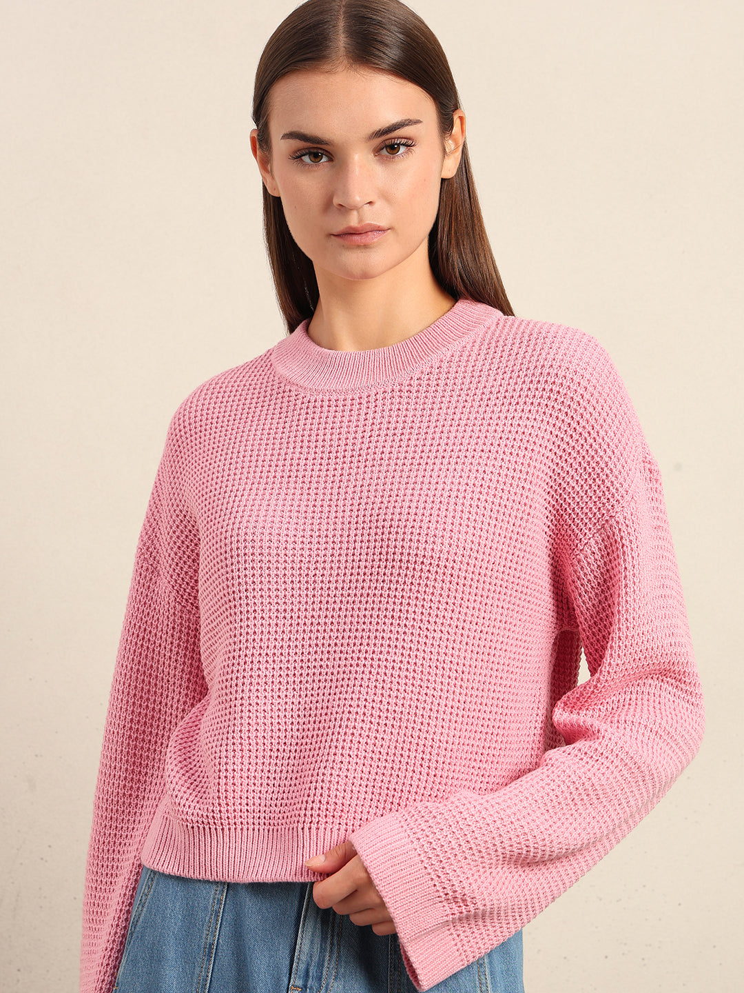 O-Neck Waffle Knit Sweater