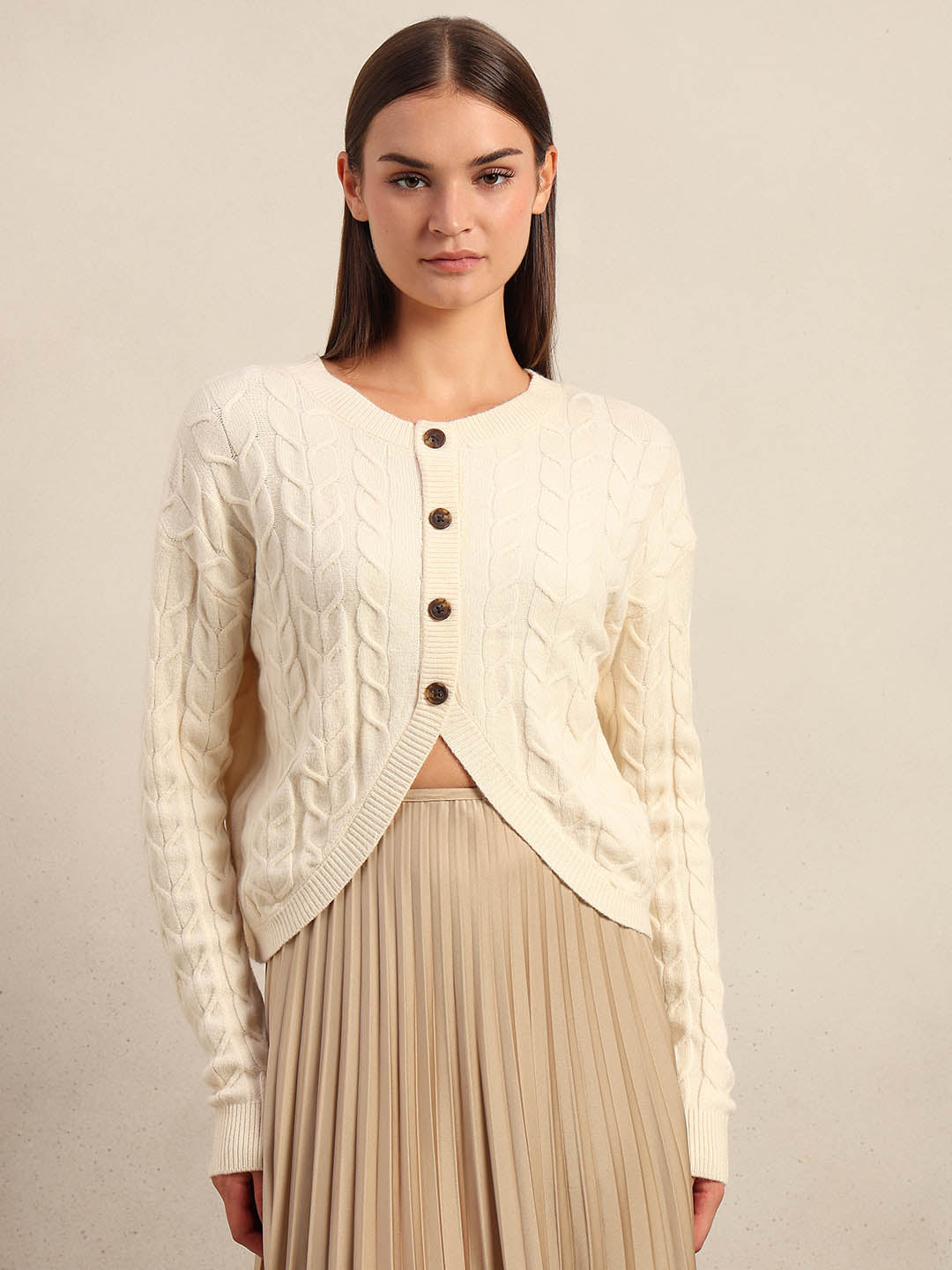 Cream Cable-Knit Cardigan