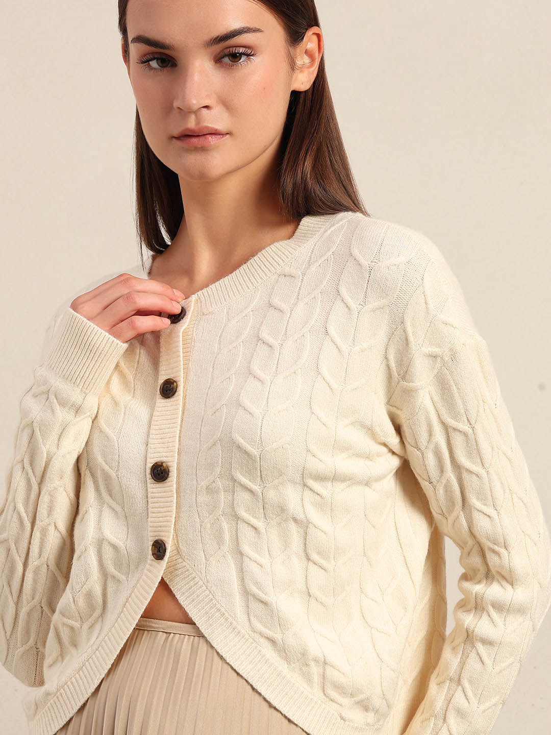 Cream Cable-Knit Cardigan