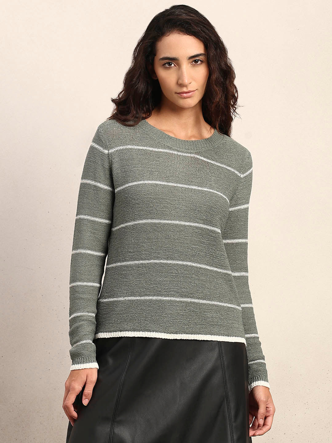 Striped Knitted Pullover - Green