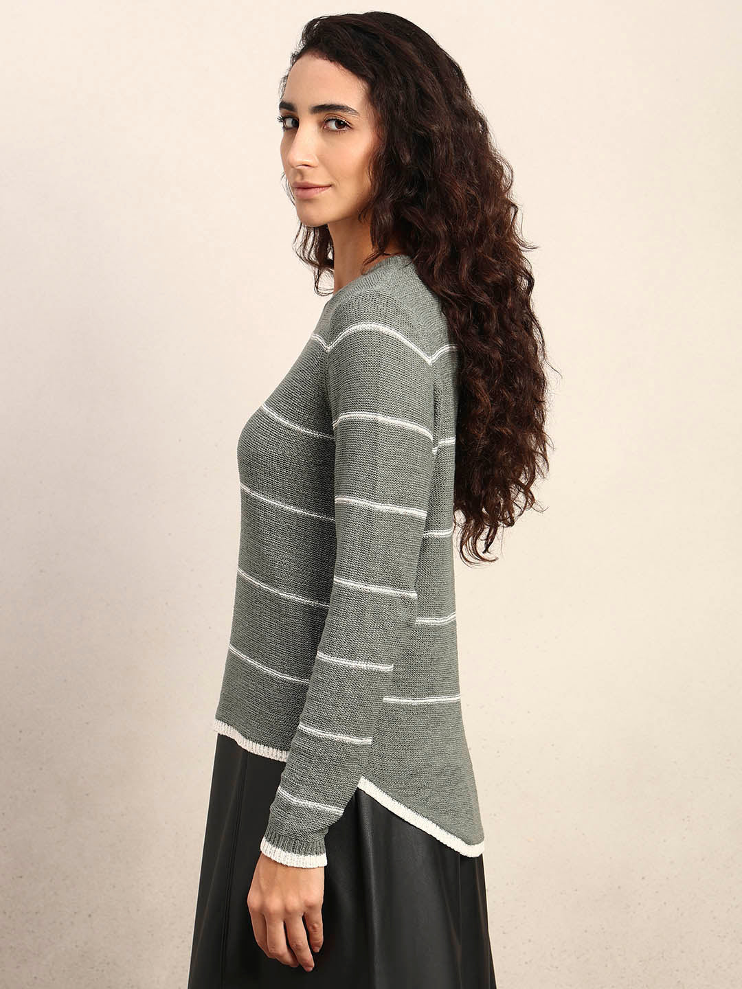 Striped Knitted Pullover - Green