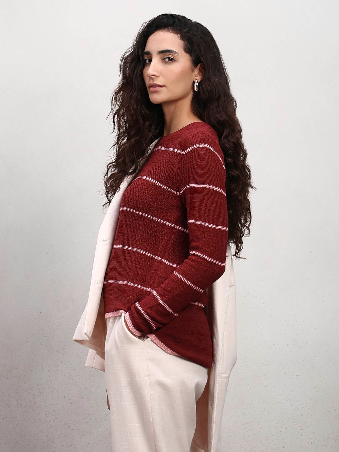 Striped Knitted Pullover - Red