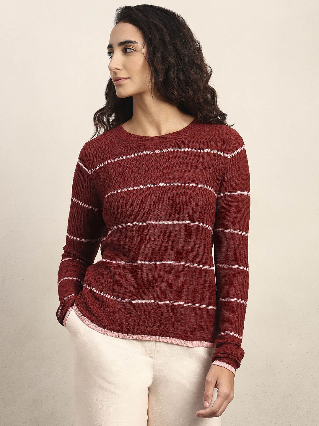 Striped Knitted Pullover - Red