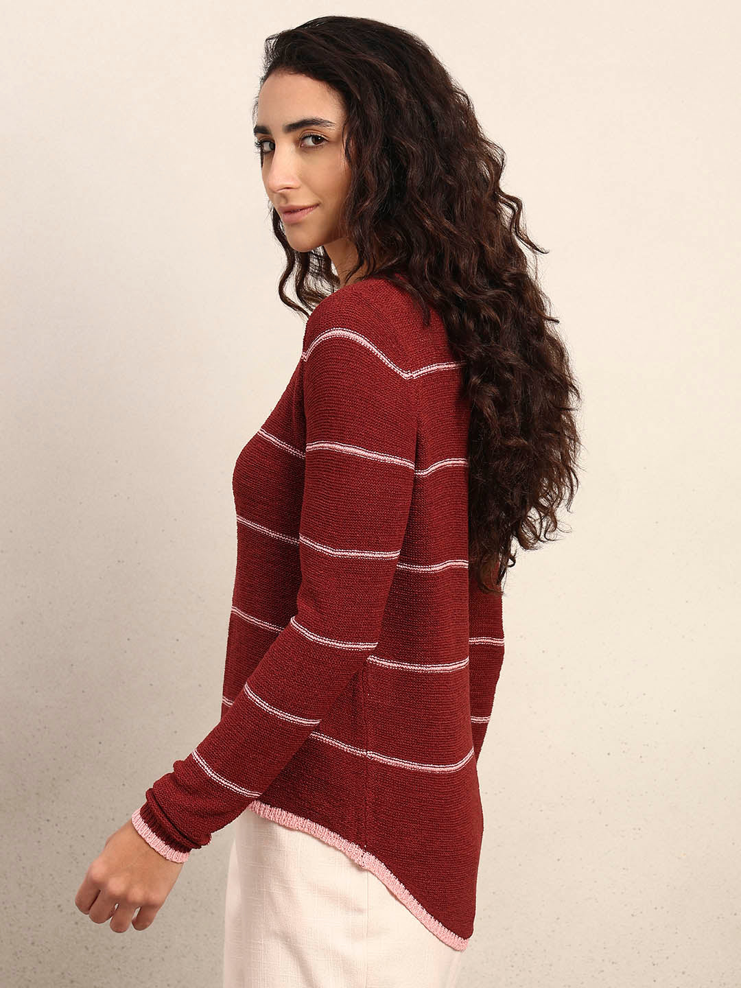 Striped Knitted Pullover - Red