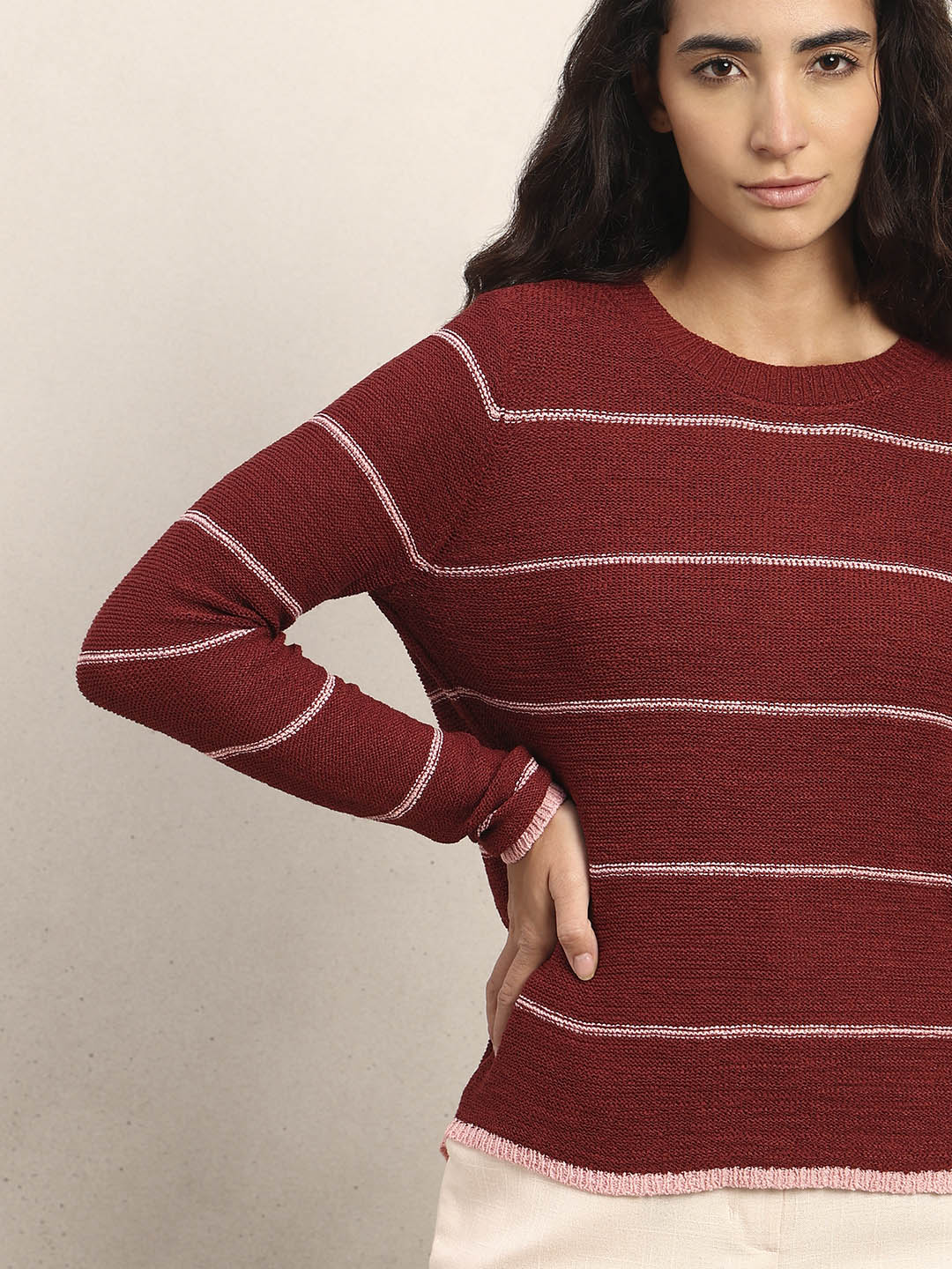 Striped Knitted Pullover - Red