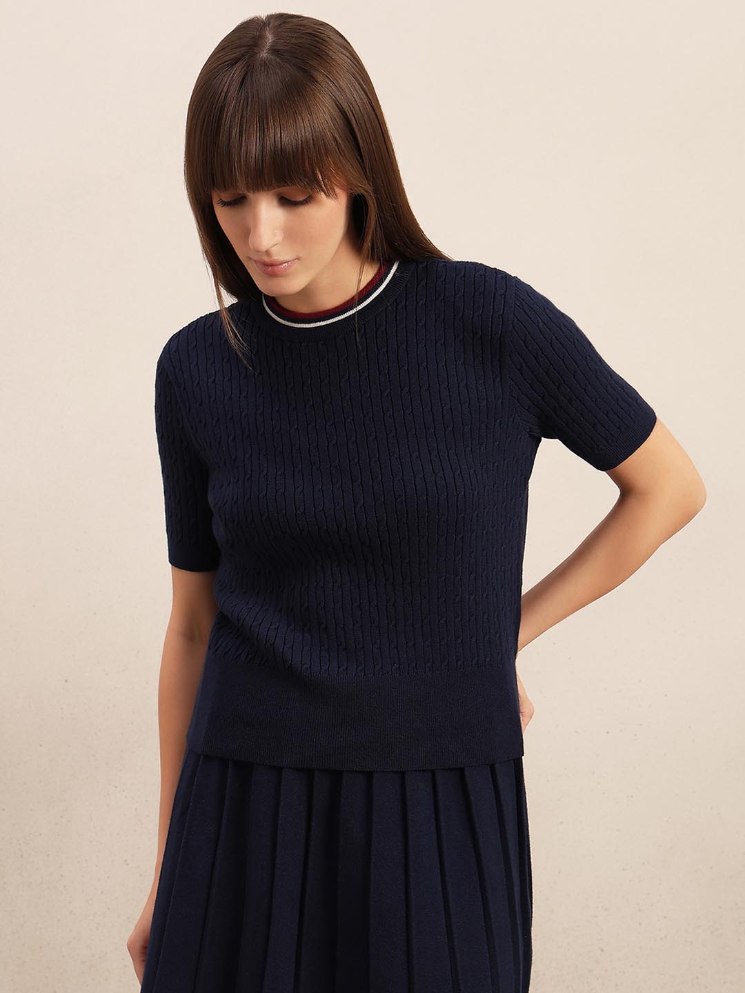 Navy Blue Textured Knitted Top