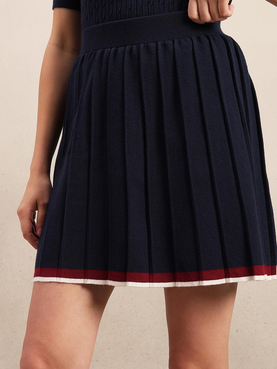 Navy Blue Pleated Knitted Skirt