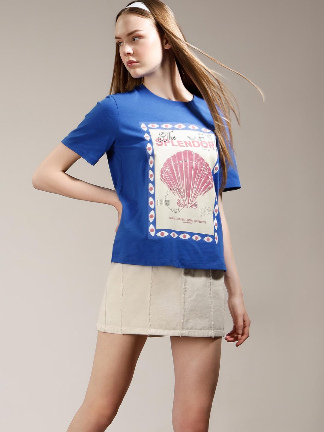 Vero Moda Blue Shell Stamp Cotton T-Shirt