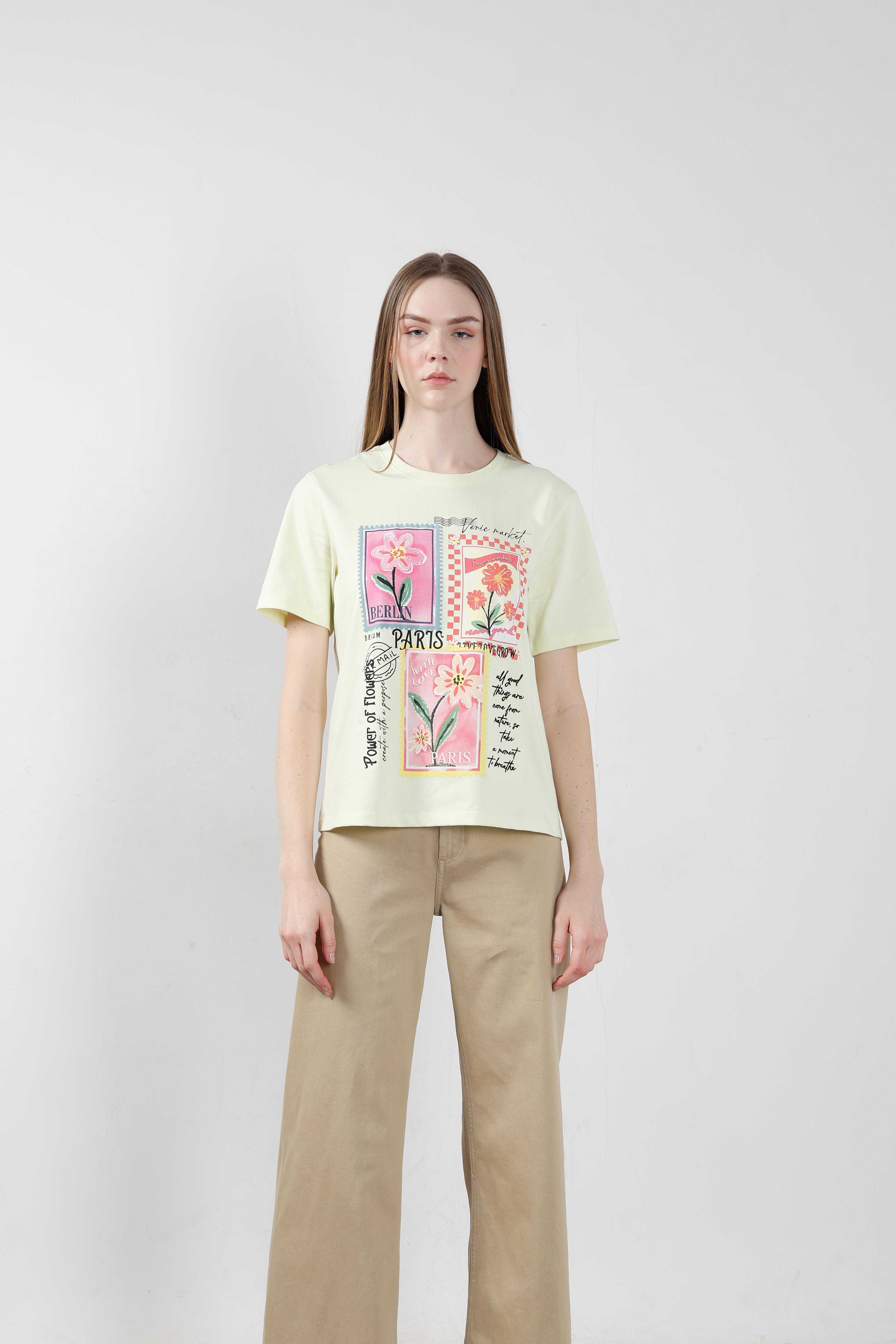 Vero Moda Lime Printed Cotton T-Shirt