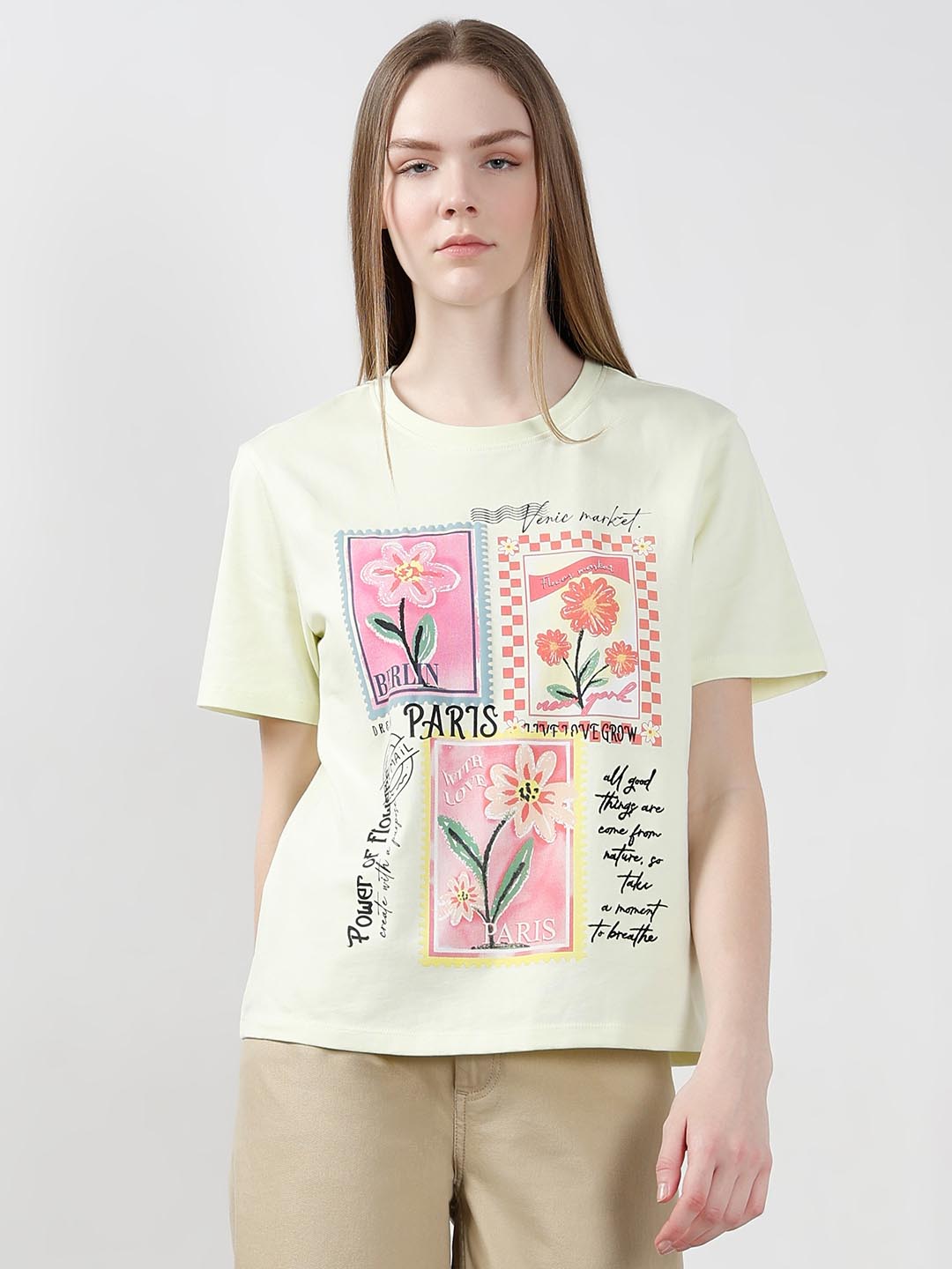 Vero Moda Lime Printed Cotton T-Shirt
