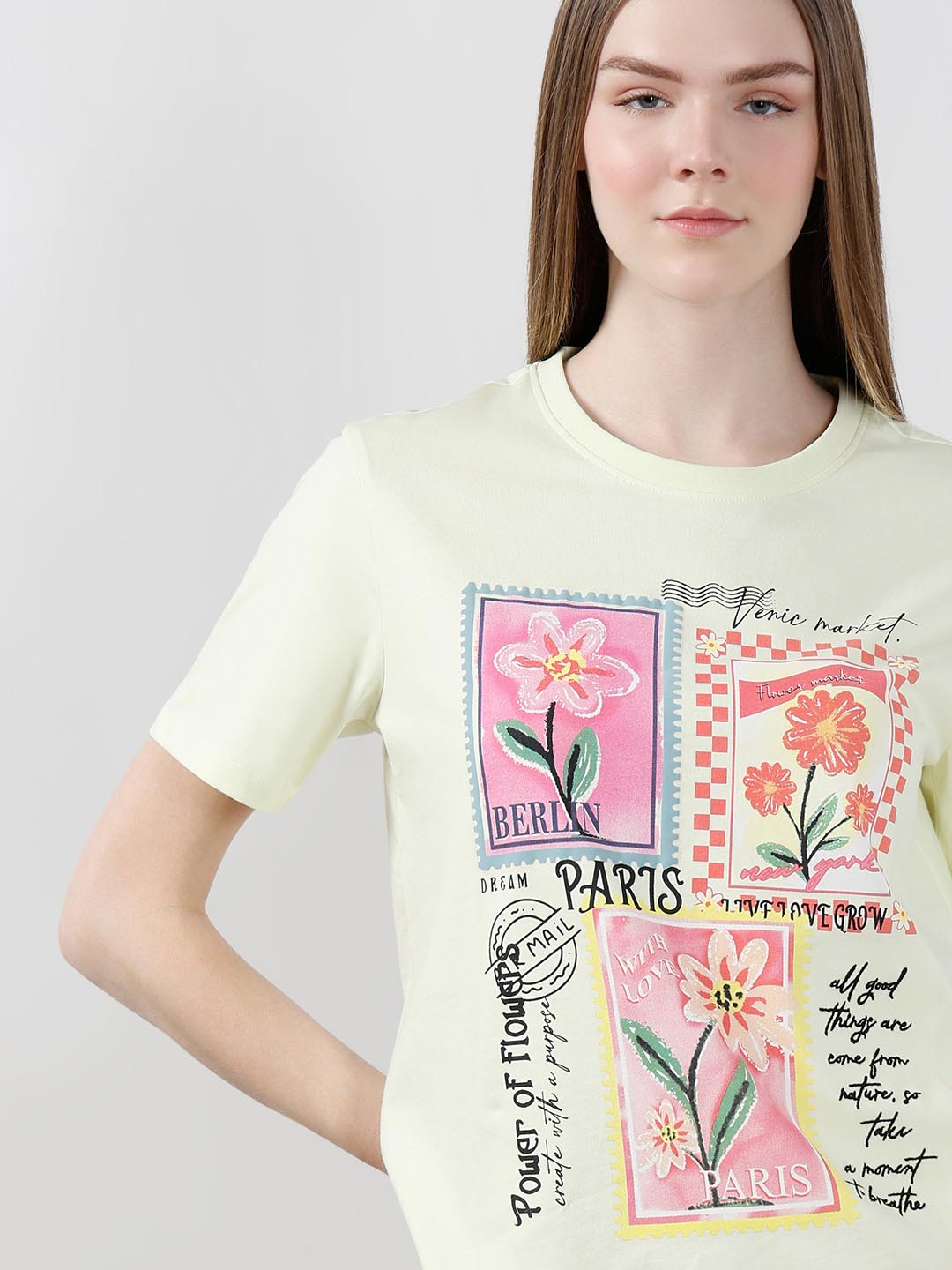 Vero Moda Lime Printed Cotton T-Shirt