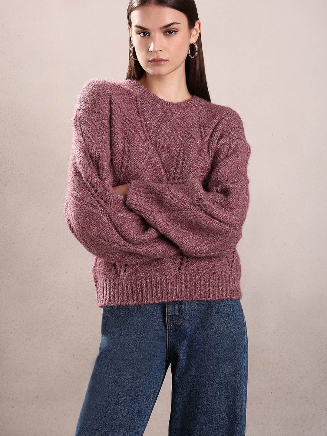 Stitch Detail O-Neck Sweater - Pink