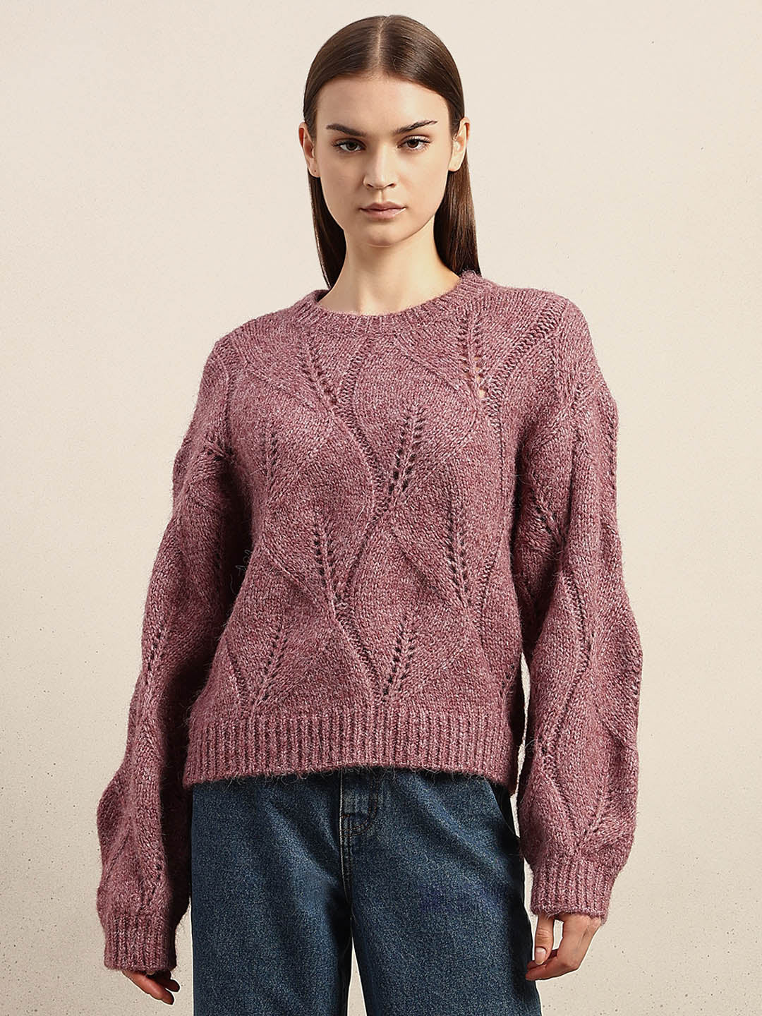 Stitch Detail O-Neck Sweater - Pink