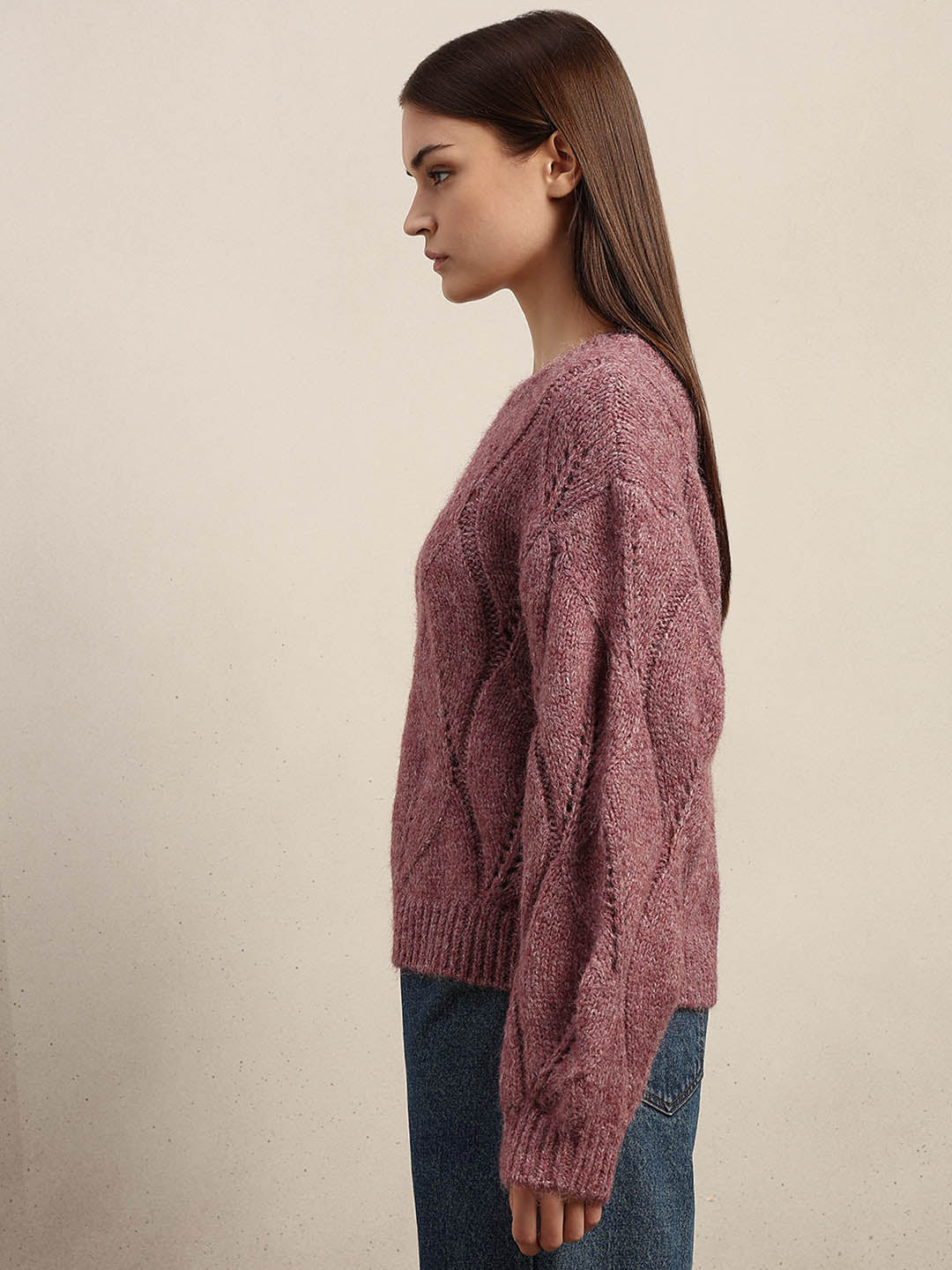 Stitch Detail O-Neck Sweater - Pink