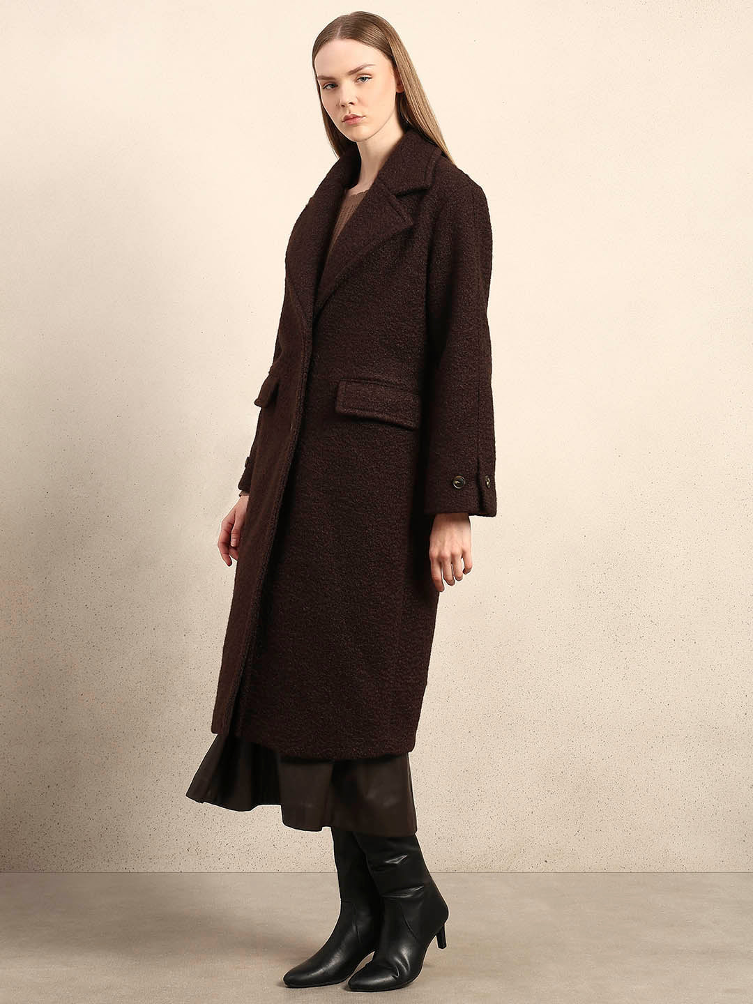 Longline Textured Coat - Brown