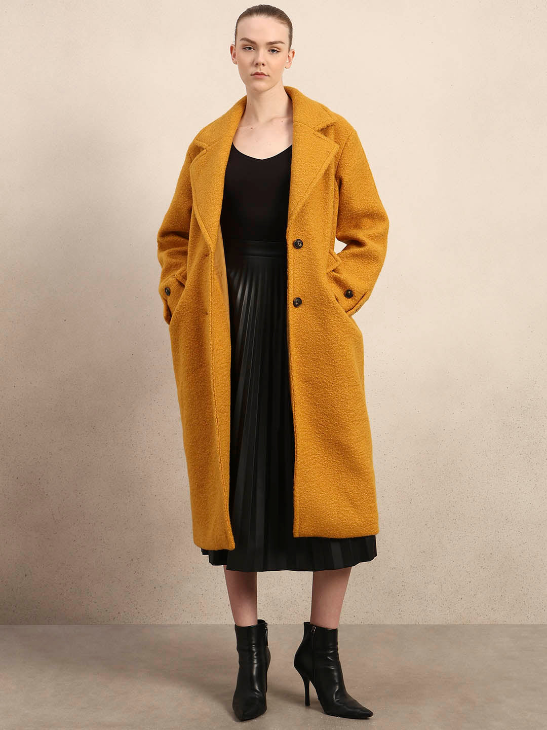 Longline Textured Coat - Yellow