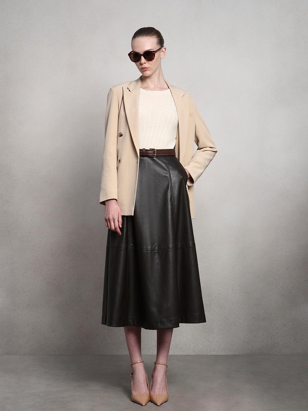 Faux Leather High Rise Skirt - Brown