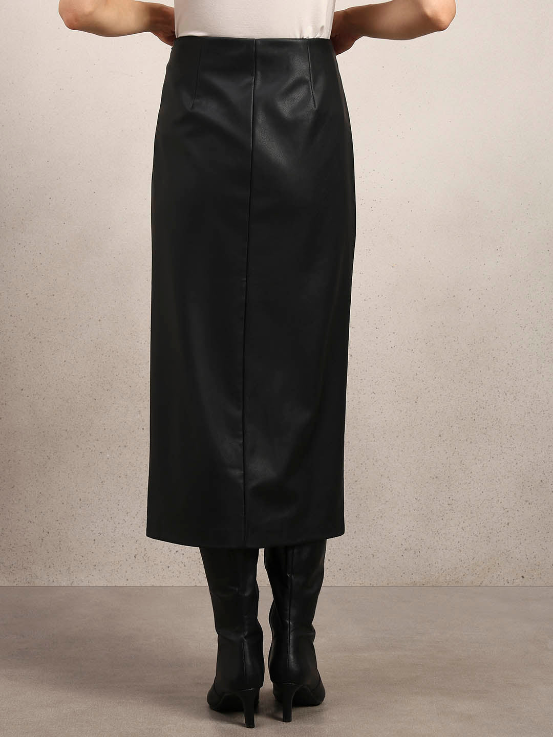 Faux Leather Front Slit Midi Skirt
