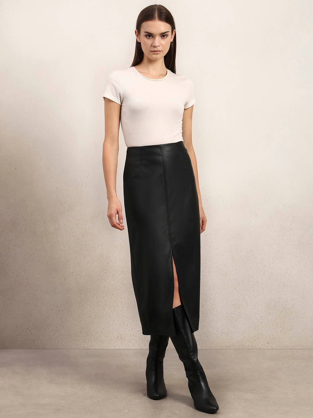 Faux Leather Front Slit Midi Skirt