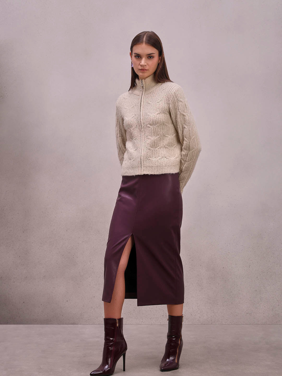 Faux Leather Front Slit Midi Skirt - Maroon