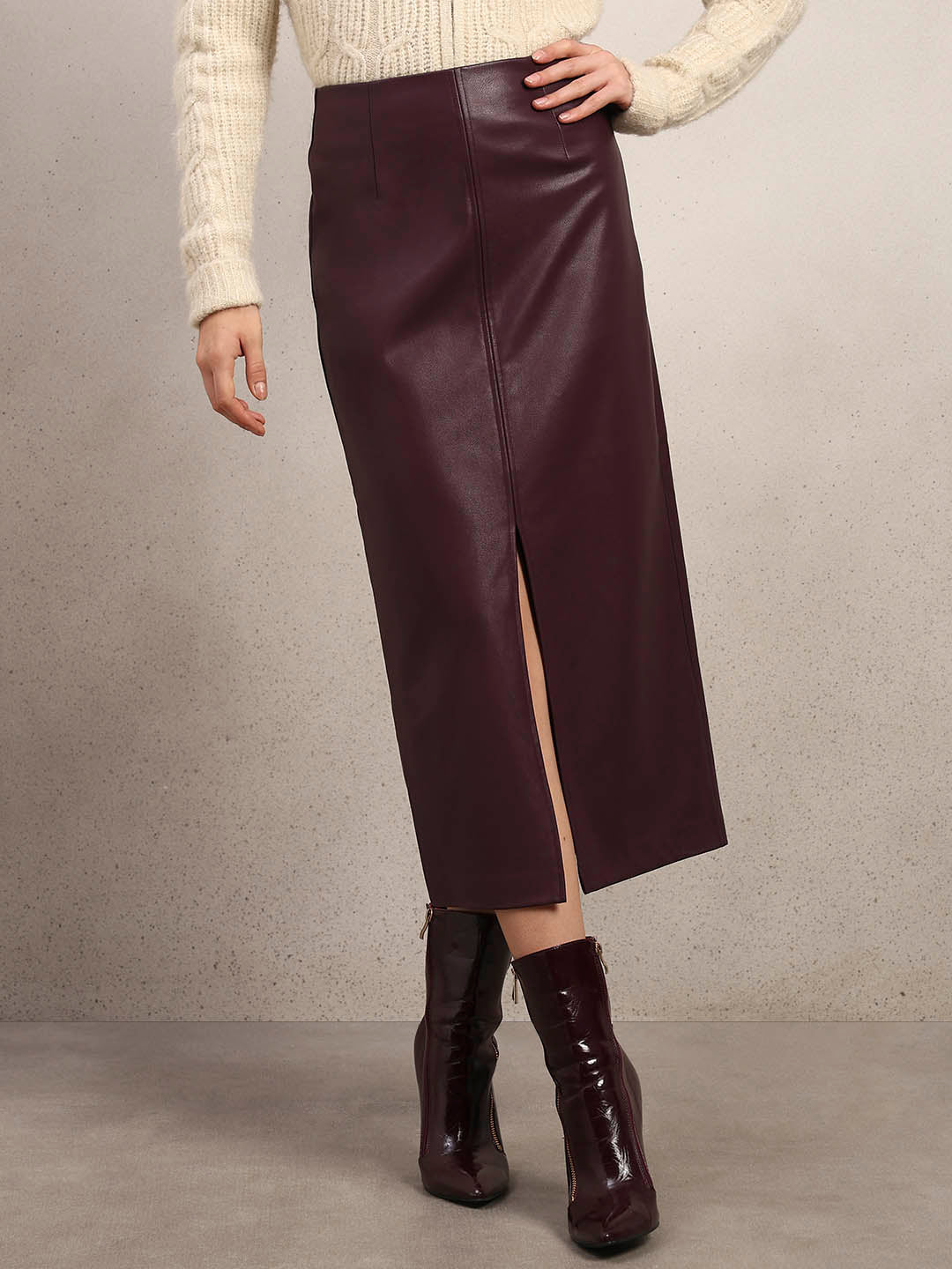 Faux Leather Front Slit Midi Skirt - Maroon