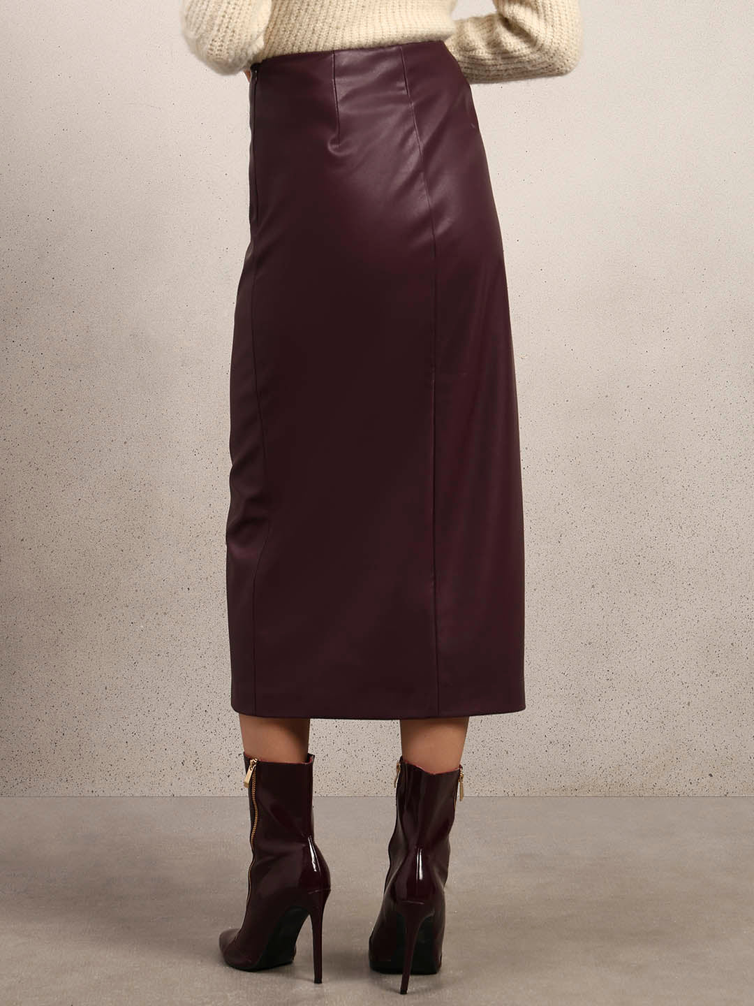 Faux Leather Front Slit Midi Skirt - Maroon
