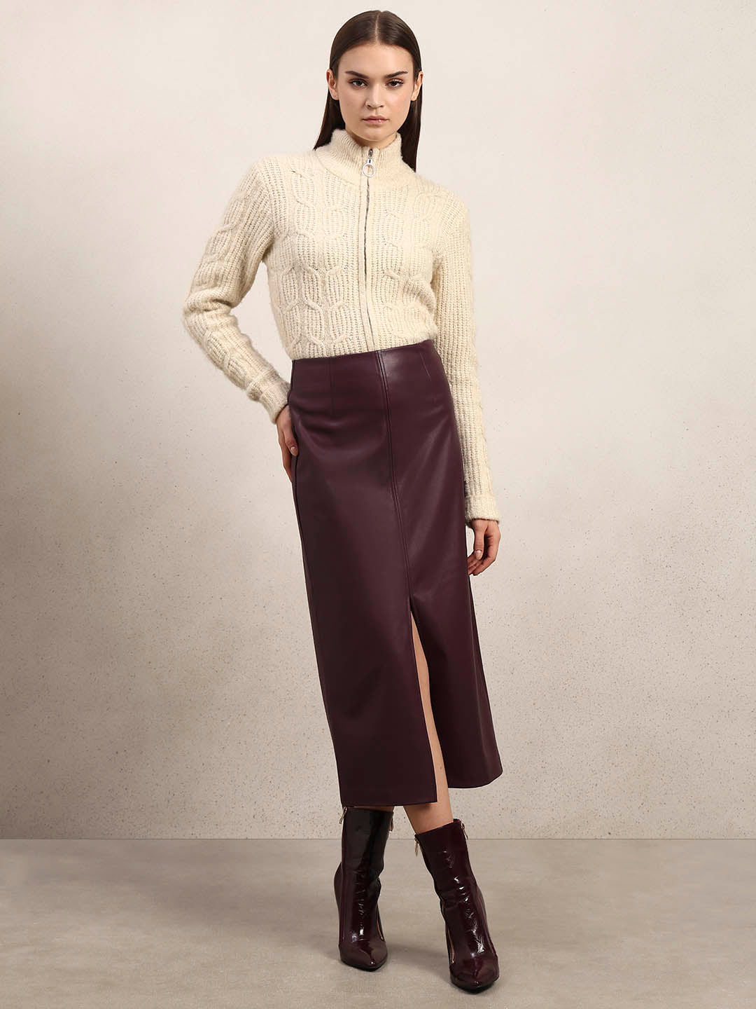 Faux Leather Front Slit Midi Skirt - Maroon