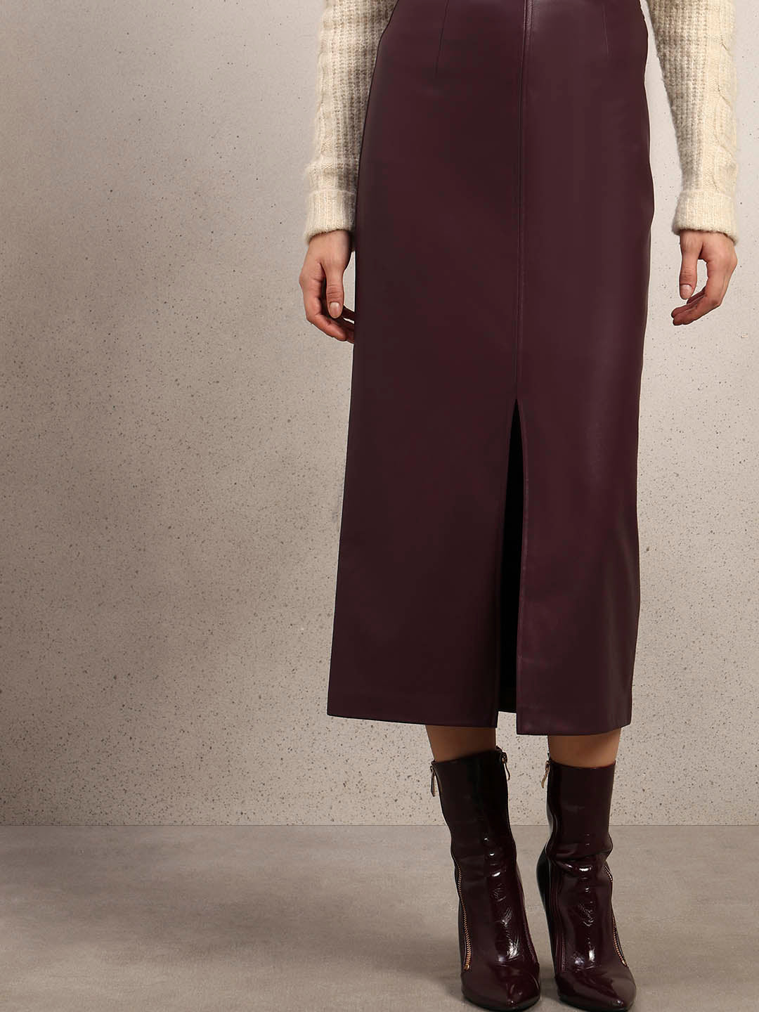 Faux Leather Front Slit Midi Skirt - Maroon