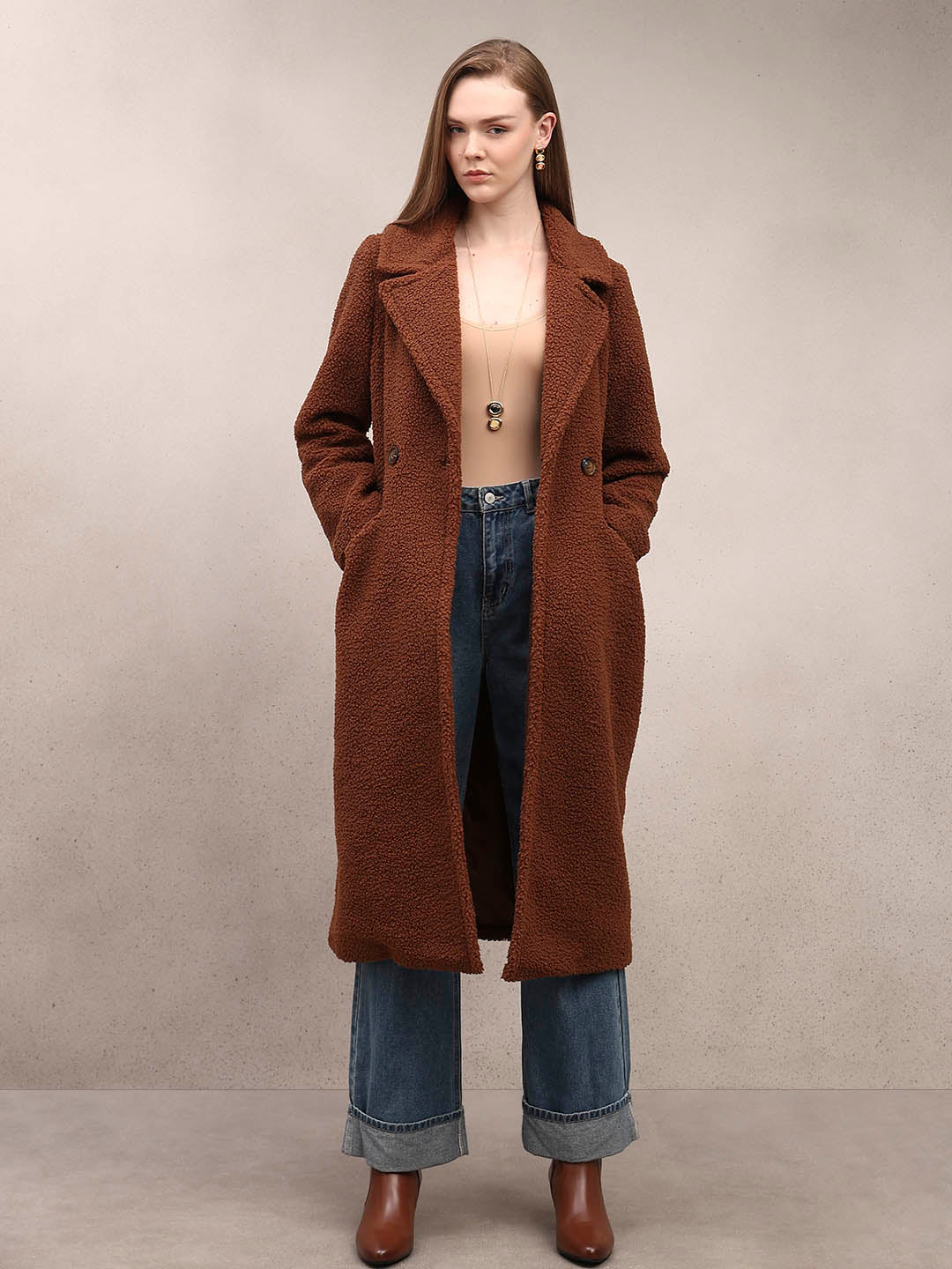 Brown Bouclé Double-Breasted Coat