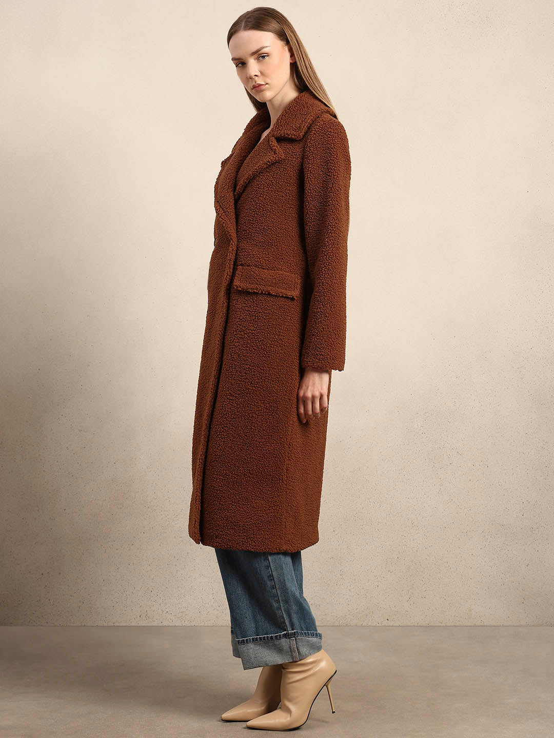 Brown Bouclé Double-Breasted Coat