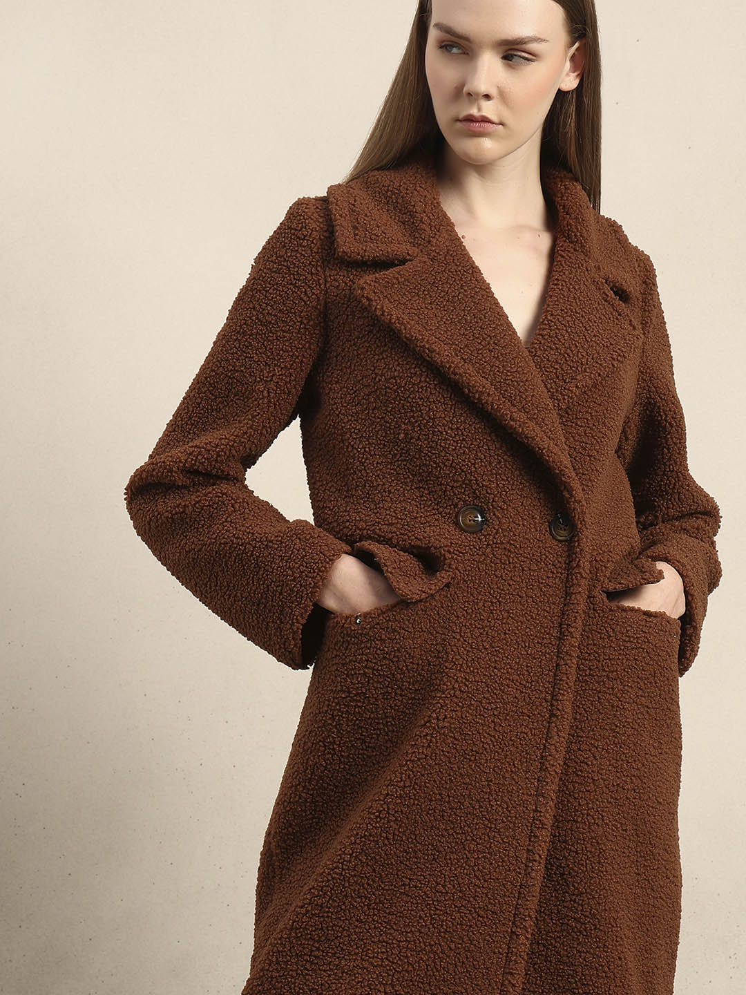 Brown Bouclé Double-Breasted Coat