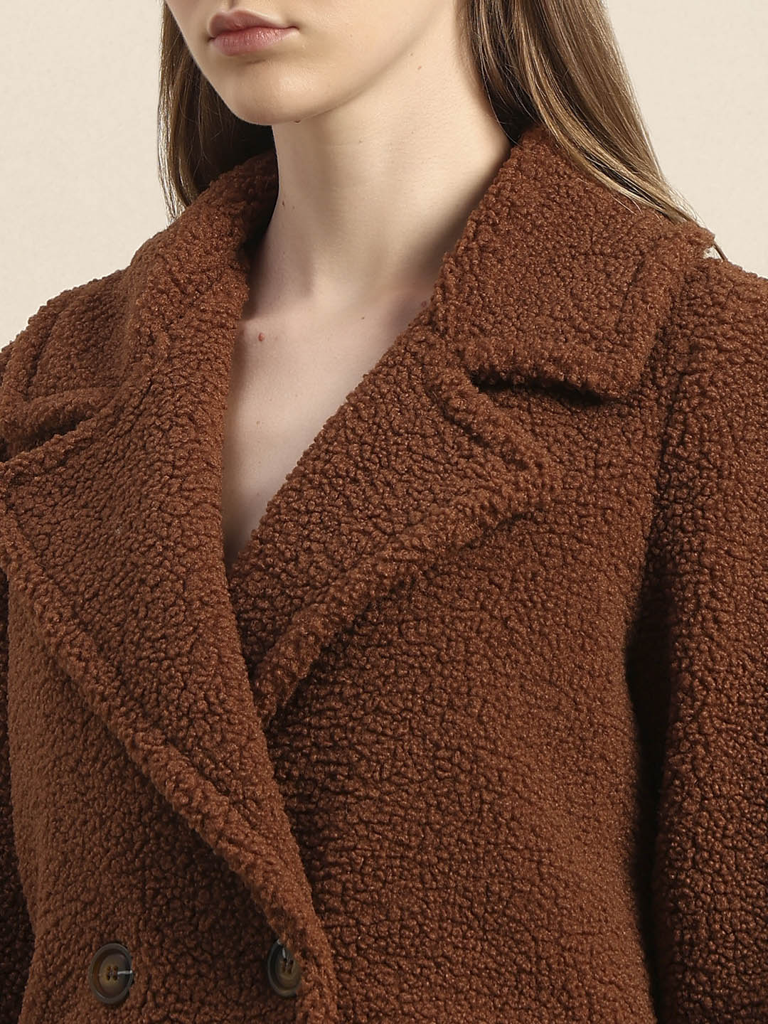 Brown Bouclé Double-Breasted Coat