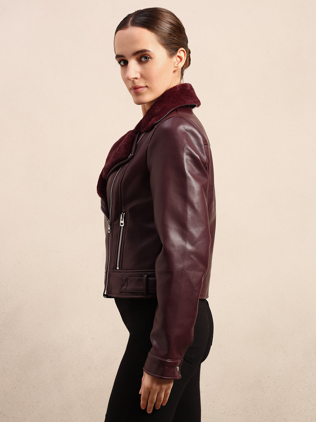 Maroon Coated Biker Jacket
