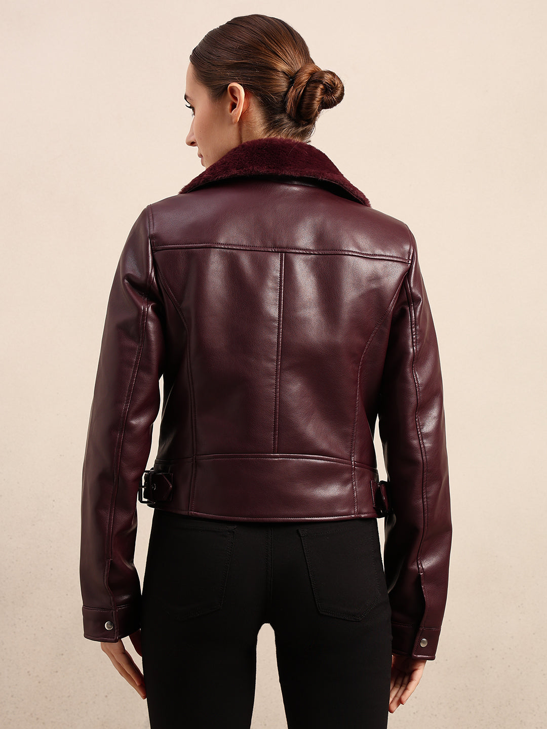 Maroon Coated Biker Jacket