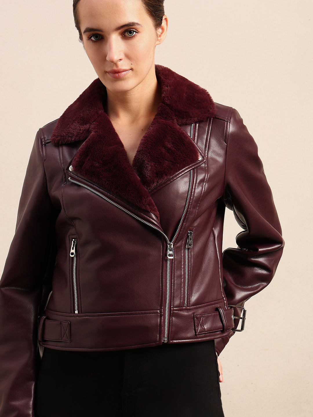 Maroon Coated Biker Jacket