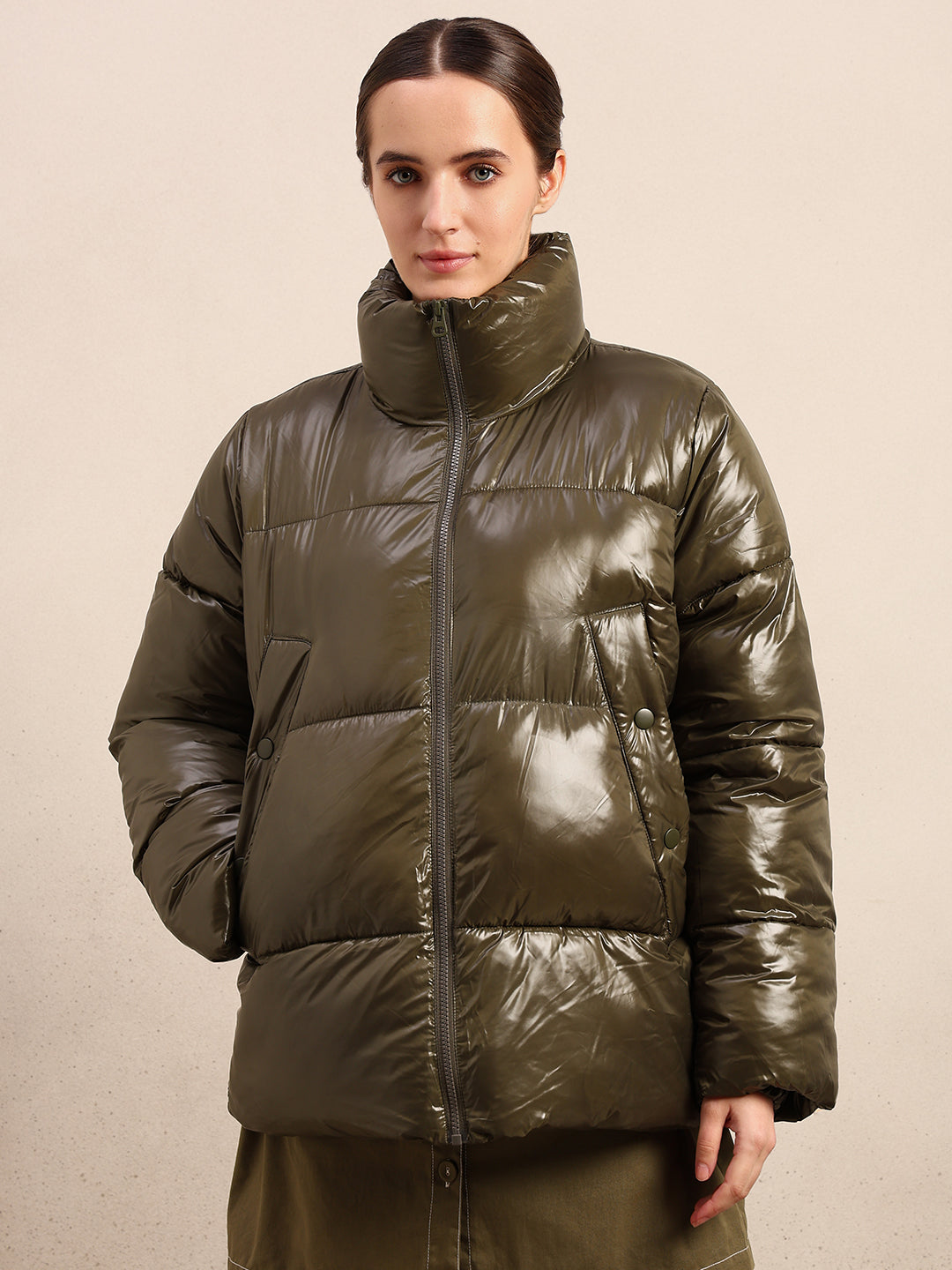 Olive Green Short Puffer Jacket