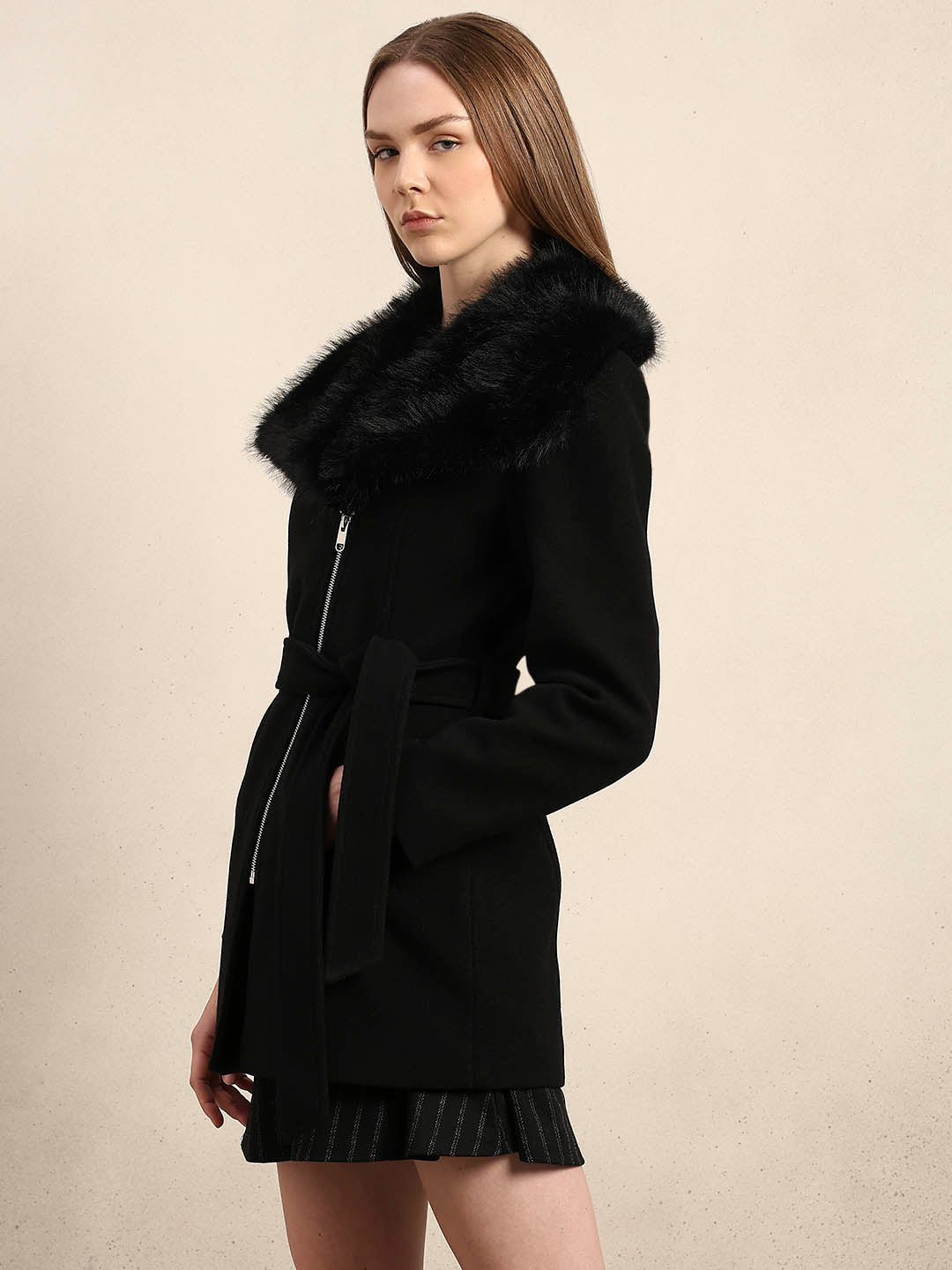 Faux Fur Collar Belted Coat