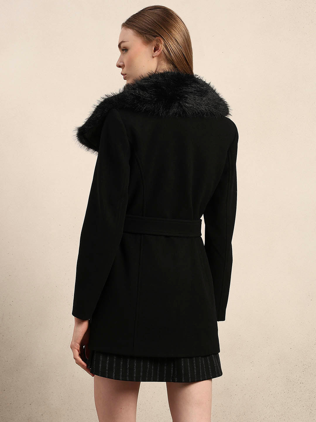 Faux Fur Collar Belted Coat