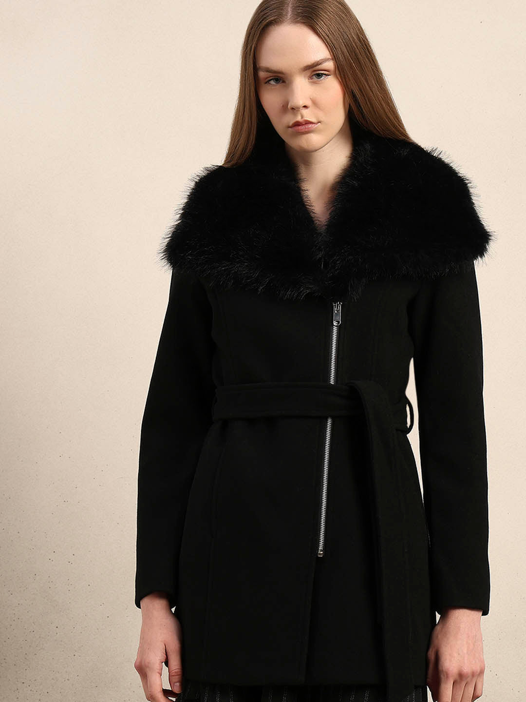 Faux Fur Collar Belted Coat