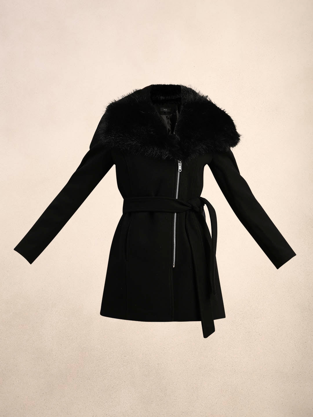 Faux Fur Collar Belted Coat
