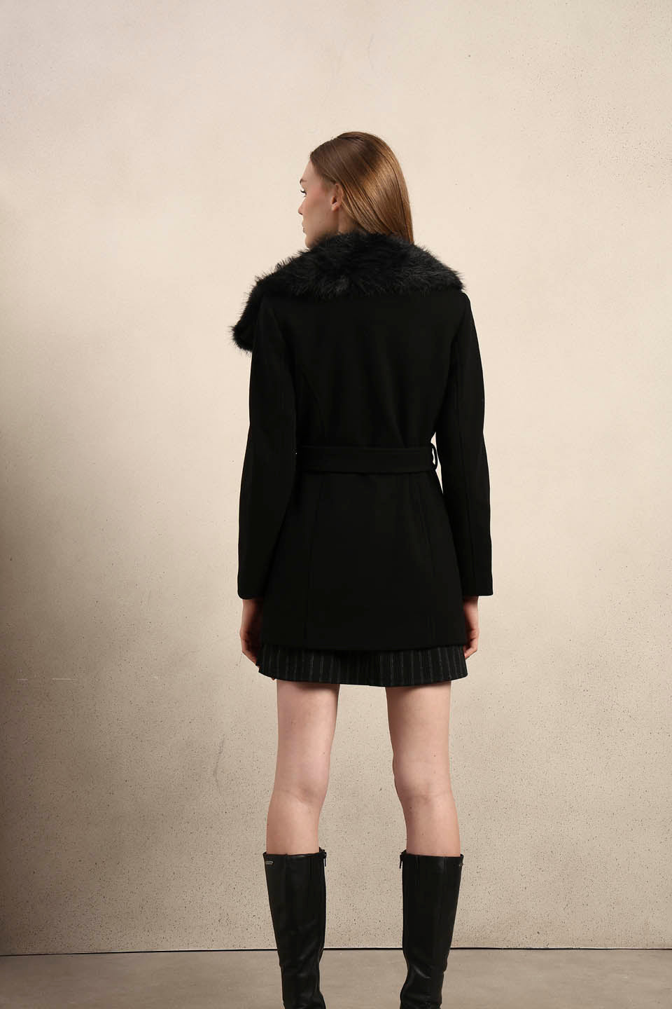Faux Fur Collar Belted Coat