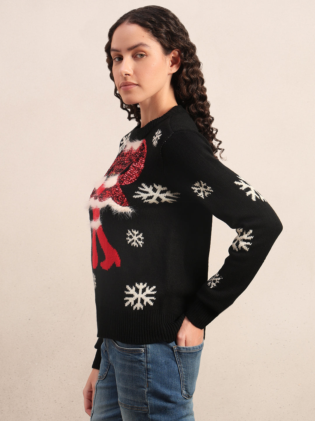 Embellished Print Christmas Pullover