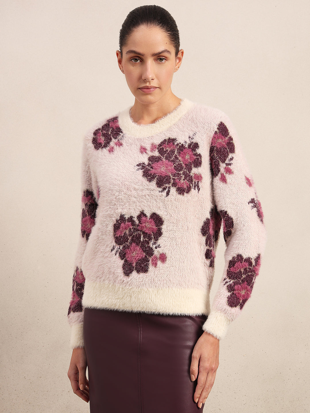 Floral Fuzzy O-Neck Pullover