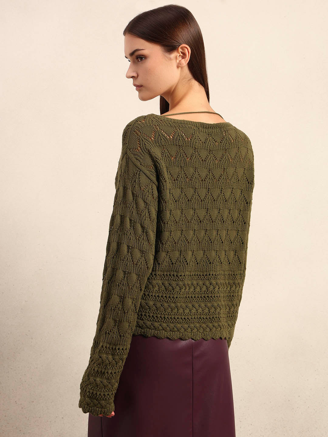 Olive Green Open-Knit Pullover