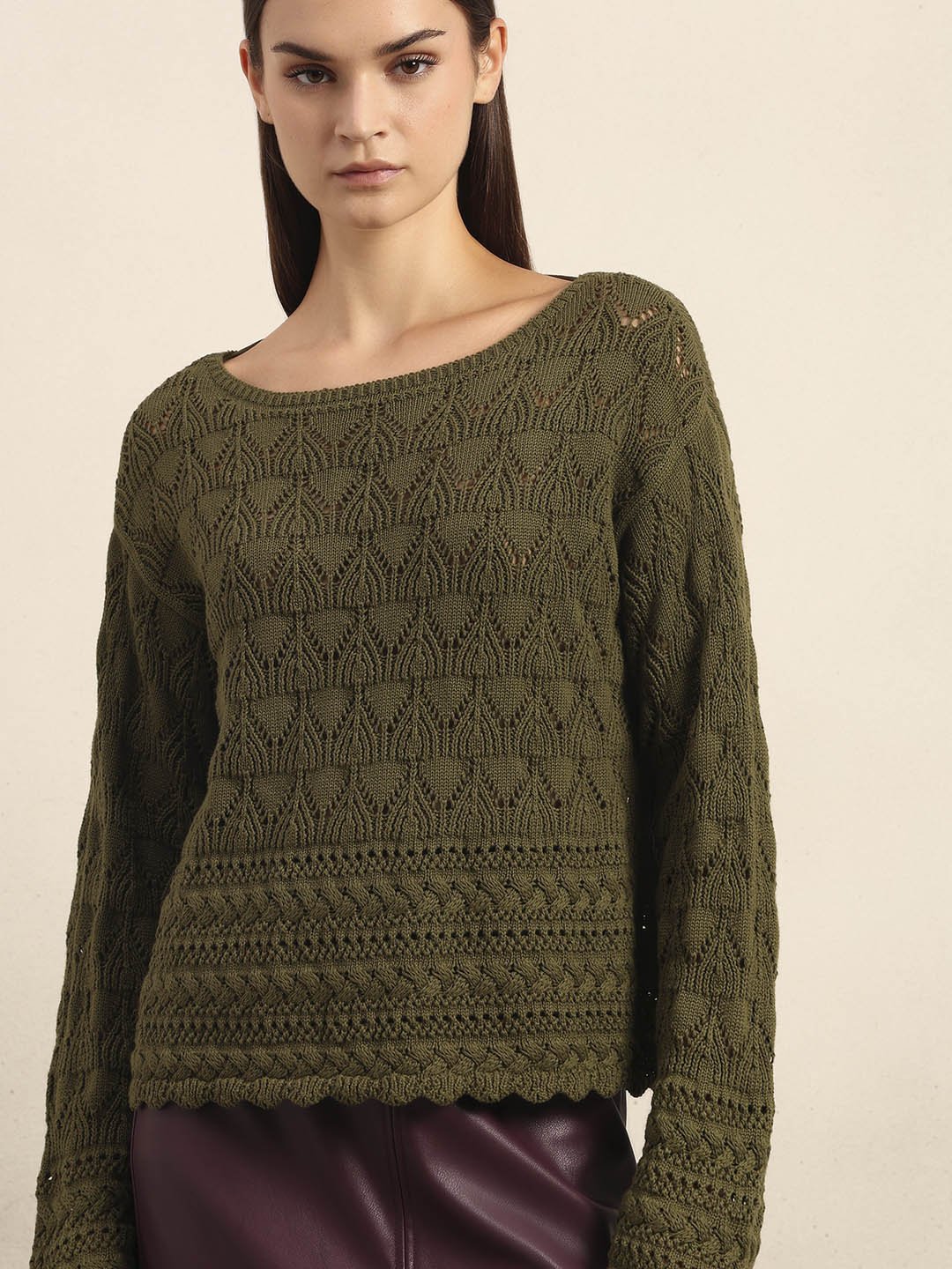 Olive Green Open-Knit Pullover