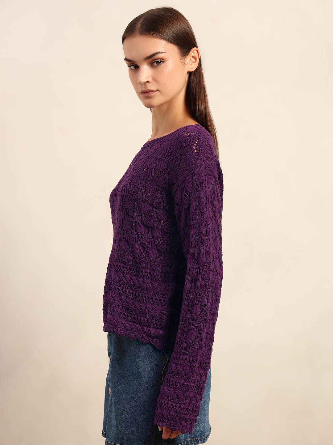 Dark Purple Open-Knit Pullover