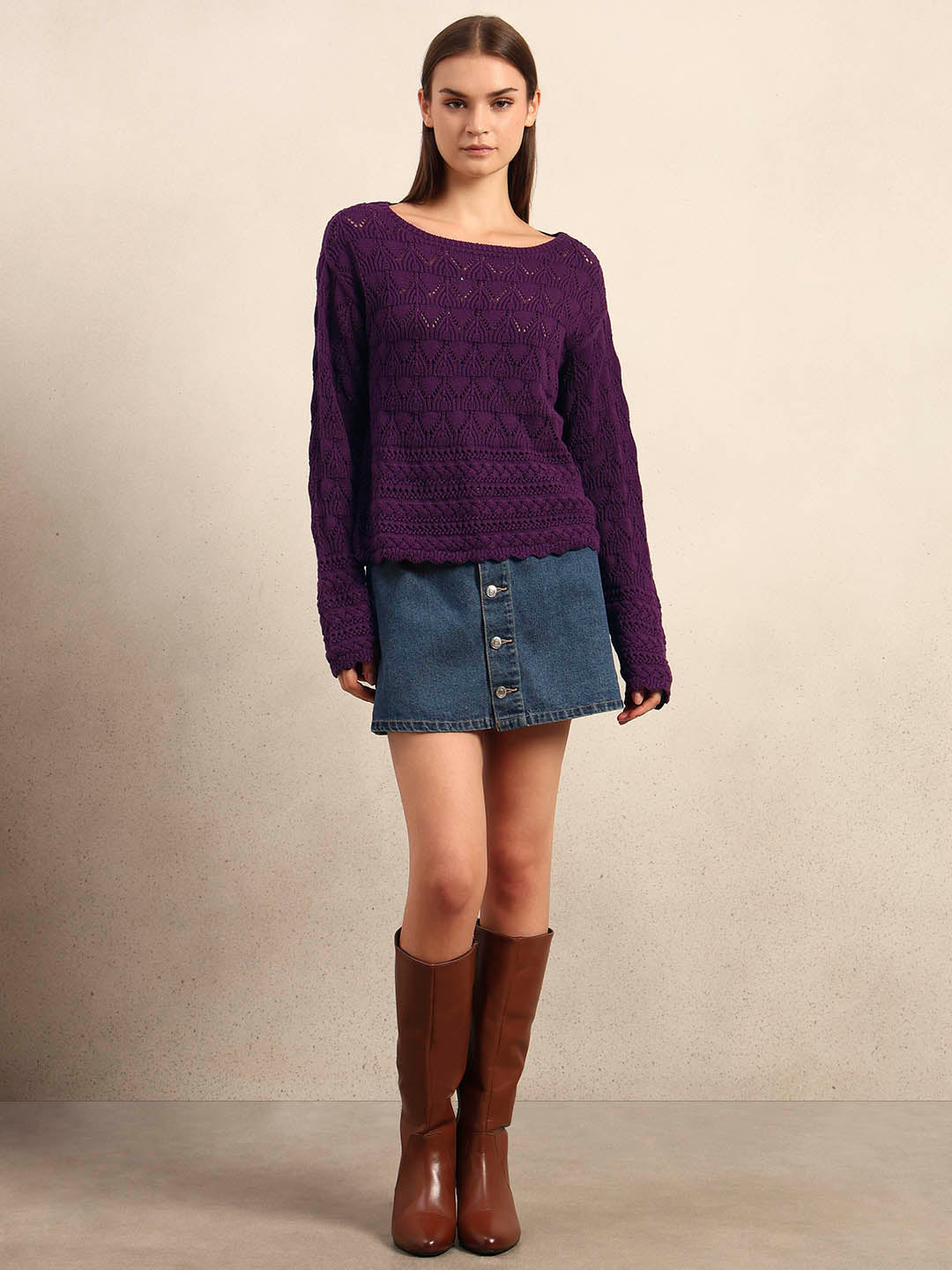 Dark Purple Open-Knit Pullover